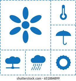 Climate icon. set of 6 climate filled icons such as sun, rain, temperature, umbrella