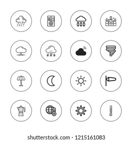 Climate icon set. collection of 16 outline climate icons with cold water, cloud, global warming, geyser, hail, night, rain, sun, thermometer, umbrella, wind sign icons.