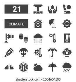 climate icon set. Collection of 21 filled climate icons included Rain, Umbrella, Cloudy, Thermometer, Cloud, Temperature, Footprint, Windsock, Brightness, Eco house, Airbag, Ecology