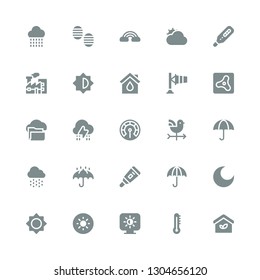 climate icon set. Collection of 25 filled climate icons included Eco house, Thermometer, Brightness, Night, Umbrella, Rain, Wet protect, Vane, Storm, Cloud, Air, Windsock, Pollution
