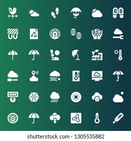 climate icon set. Collection of 36 filled climate icons included Thermometer, Air, Cloud, Wet protect, Brightness, Rain, Umbrella, Blizzard, Temperature, Pollution, Airbag, Ecology
