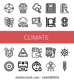 conjunto de iconos climáticos. Colección de la nube, la ecología, el brillo, el calentador, el raíl de toallas calentado, la temperatura, la contaminación, el sol, el viento, el aire acondicionado, el calentador de agua, los iconos del termómetro