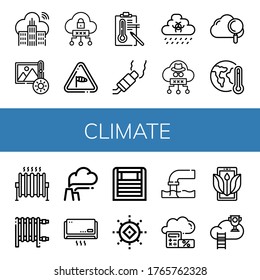 climate icon set. Collection of Cloud, Brightness, Wind, Temperature, Pollution, Rain, Global warming, Heat, Heater, Air conditioner, Sun, Ecology icons