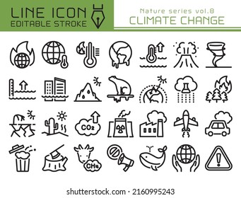 Conjunto de iconos del vector del cambio climático. Icono de línea modificable.