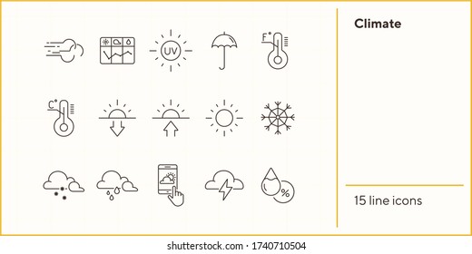 Climate icon set. Temperature, sun, sunshine. Summer concept. Can be used for topics like weather, meteorology, precipitation