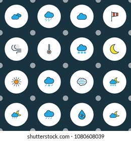 Climate icons colored line set with sunlight, cloudy day, raindrop and other windy elements. Isolated vector illustration climate icons.