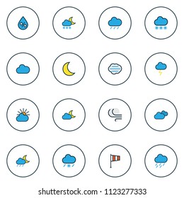Climate icons colored line set with freeze, thunderstroke, percent and other cloudburst elements. Isolated vector illustration climate icons.