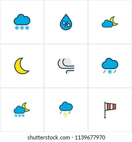 Climate icons colored line set with lunar, freeze, twilight and other tornado elements. Isolated vector illustration climate icons.