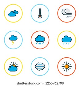 Climate icons colored line set with frosty, tempest, sunlight and other windy elements. Isolated vector illustration climate icons.