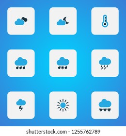 Climate icons colored set with rain, drizzle, sun and other cloudy sky elements. Isolated vector illustration climate icons.