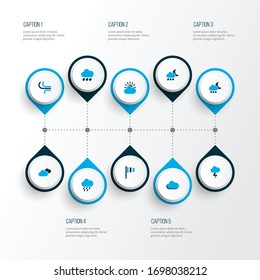 Climate icons colored set with rain, cloudy sky, overcast and other wind elements. Isolated vector illustration climate icons.