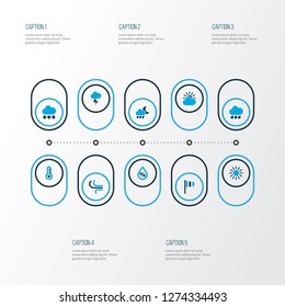 Climate icons colored set with rainstorm, flag, cloudy sky and other lightning elements. Isolated vector illustration climate icons.