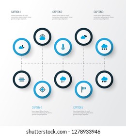 Climate icons colored set with snow, overcast, night and other cloudy sky elements. Isolated vector illustration climate icons.