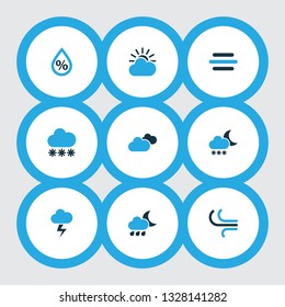 Climate icons colored set with snow, cloudy sky, snowfall and other drizzle elements. Isolated vector illustration climate icons.