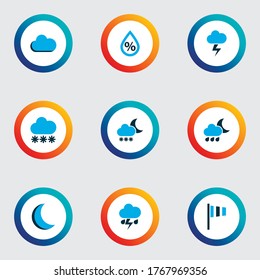Climate icons colored set with snow, snowfall, moon and other thunderstorm elements. Isolated vector illustration climate icons.