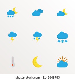 Climate icons flat style set with moon, thermometer, shower and other moon elements. Isolated vector illustration climate icons.