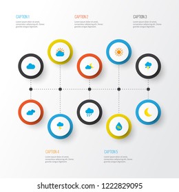 Climate icons flat style set with sunny, crescent, lightning and other cloud elements. Isolated vector illustration climate icons.
