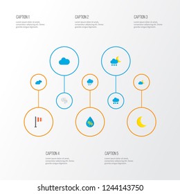 Climate icons flat style set with flag, moon, hail and other storm elements. Isolated vector illustration climate icons.