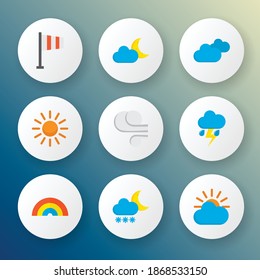 Climate icons flat style set with sun, moon, clouds and other crescent elements. Isolated vector illustration climate icons.