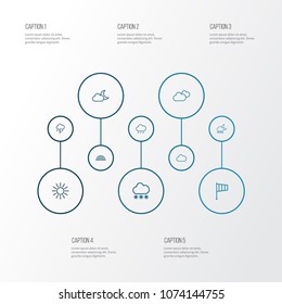 Climate icons line style set with arc, moonshine, rainfall and other windsock elements. Isolated vector illustration climate icons.