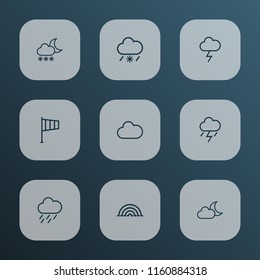 Climate icons line style set with lightning, fog, blizzard and other snowy raining elements. Isolated vector illustration climate icons.