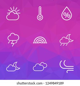Climate icons line style set with overcast, wind, arc and other temperature elements. Isolated vector illustration climate icons.
