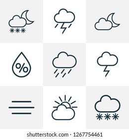 Climate icons line style set with rainstorm, breeze, moonshine and other wind elements. Isolated vector illustration climate icons.
