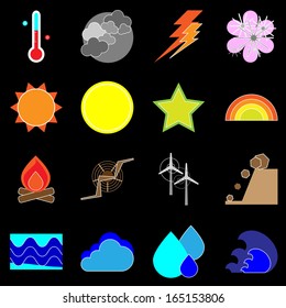 Climate icons on black background, stock vector