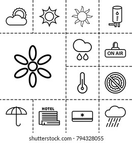 Climate icons. set of 13 editable outline climate icons such as sun, umbrella, rain, no brightness, open air, geyser, air conditioner
