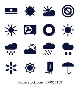 climate icons set. Set of 16 climate filled icons such as sun, rain, no brightness, geyser, air conditioner, sun cloud