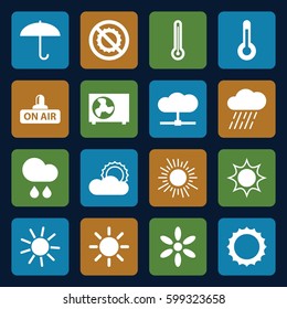 climate icons set. Set of 16 climate filled icons such as sun, rain, no brightness, open air, air conditioner, temperature, thermometer, umbrella