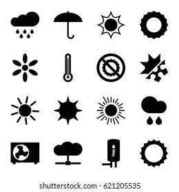 Climate icons set. set of 16 climate filled icons such as sun, no brightness, rain, geyser, air conditioner, cold and hote mode, thermometer, umbrella