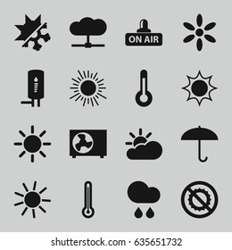 Climate icons set. set of 16 climate filled icons such as sun, no brightness, open air, rain, geyser, air conditioner, temperature, cold and hote mode, thermometer, sun cloud