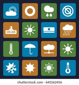 Climate icons set. set of 16 climate filled icons such as sun, rain, no brightness, open air, air conditioner, temperature, cold and hote mode, thermometer, umbrella