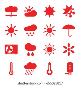 Climate icons set. set of 16 climate filled icons such as sun, rain, geyser, air conditioner, temperature, cold and hote mode, thermometer, sun cloud, umbrella