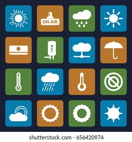 Climate icons set. set of 16 climate filled icons such as rain, no brightness, open air, sun, geyser, air conditioner, temperature, thermometer, umbrella