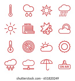 Climate icons set. set of 16 climate outline icons such as rain, no brightness, open air, sun, temperature, cold and hote mode, thermometer, sun cloud, umbrella