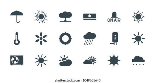 Climate icons. set of 18 editable filled climate icons: sun, umbrella, rain, cloud, geyser, air conditioner, temperature, sun cloud