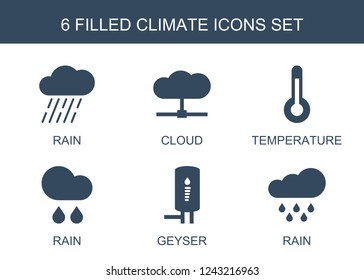 climate icons. Set of 6 filled climate icons included rain, cloud, temperature, geyser on . Editable climate icons for web, mobile and infographics.