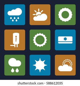 climate icons set. Set of 9 climate filled icons such as sun, rain, geyser, air conditioner