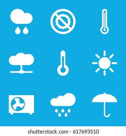 Climate icons set. set of 9 climate filled icons such as no brightness, rain, air conditioner, temperature, sun, thermometer, umbrella