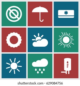 Climate icons set. set of 9 climate filled icons such as sun, no brightness, geyser, air conditioner, sun cloud, rain