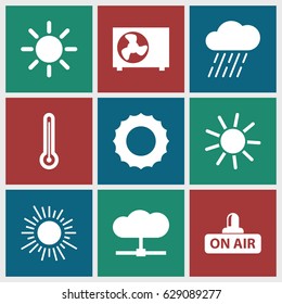 Climate icons set. set of 9 climate filled icons such as sun, rain, open air, air conditioner, thermometer