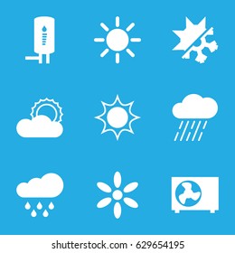 Climate icons set. set of 9 climate filled icons such as sun, rain, geyser, air conditioner
