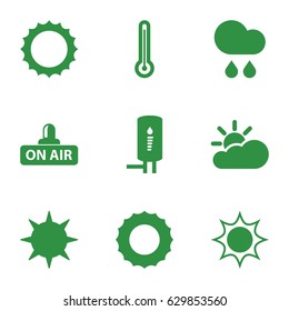 Climate icons set. set of 9 climate filled icons such as open air, sun, rain, geyser, thermometer