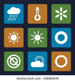 Climate icons set. set of 9 climate filled icons such as sun, rain, no brightness