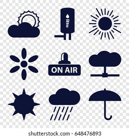 Climate icons set. set of 9 climate filled icons such as sun, rain, open air, geyser, umbrella