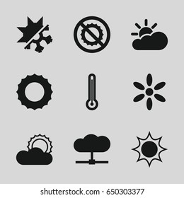 Climate icons set. set of 9 climate filled icons such as sun, no brightness, cold and hote mode, thermometer, sun cloud