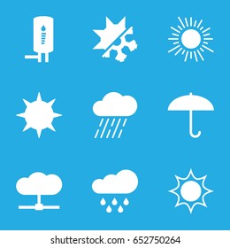 Climate icons set. set of 9 climate filled icons such as rain, geyser, cold and hote mode, sun, umbrella