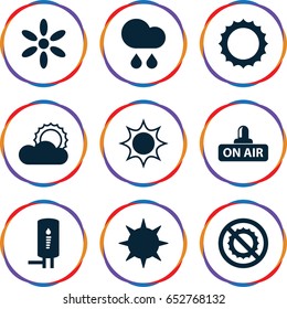 Climate icons set. set of 9 climate filled icons such as sun, no brightness, open air, rain